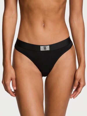 negro VICTORIA SECRET Logo Cotton Shine Patch Thong Panty